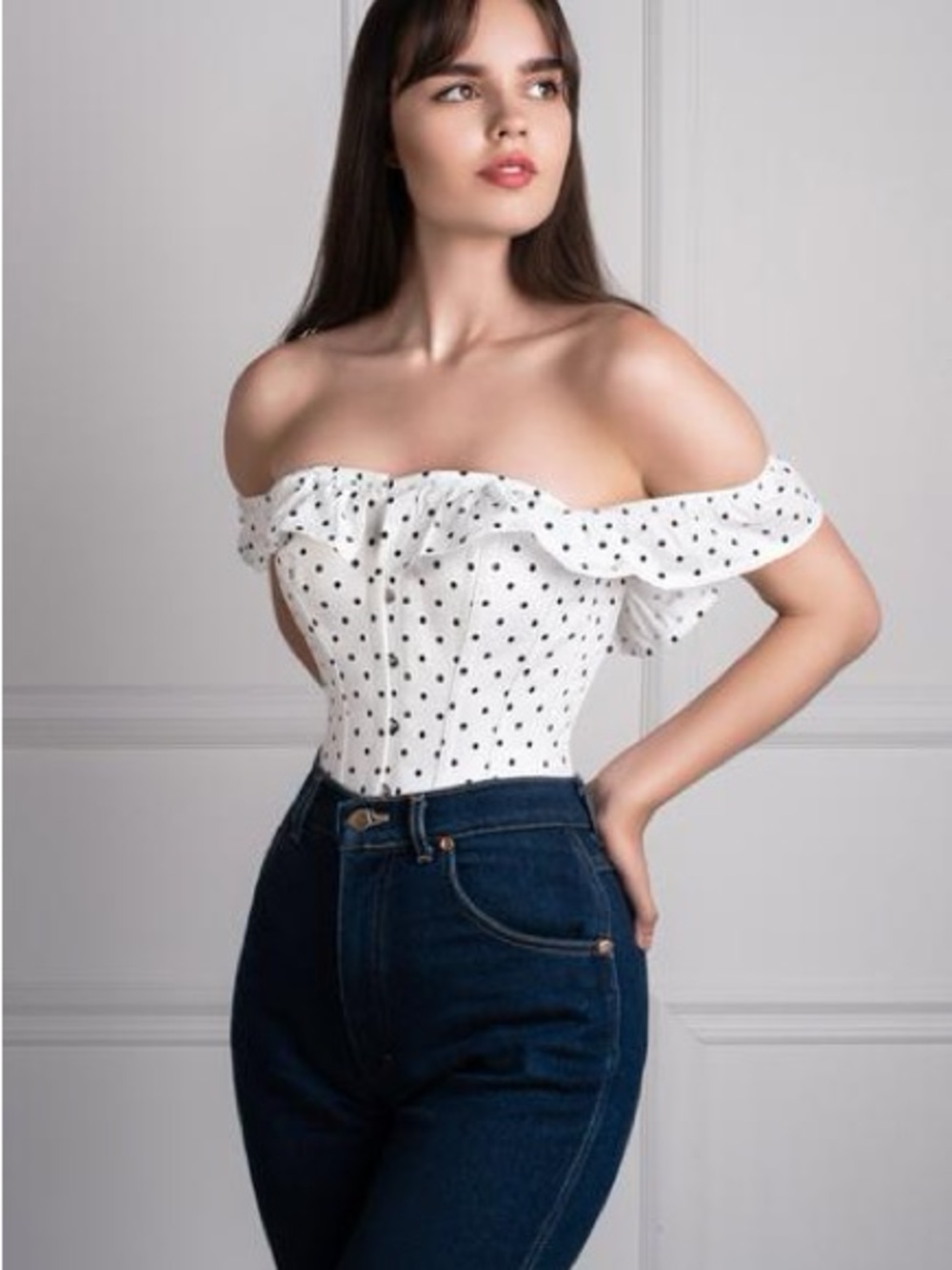 Corset Story polka Dot Off-Shoulder White Bustier Corset ruffles BW UK2